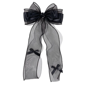 Elegant large black mesh bow hair clip with long streamers and satin ribbon accents