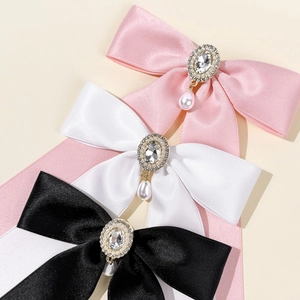 Elegant satin bow hair clips with rhinestone borders and pearl pendants in three colors