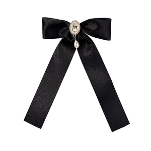 Elegant black satin ribbon bow hair clip with vintage pearl and crystal pendant