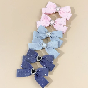 Lot de 6 barrettes à nœuds avec strass en forme de cœur, rose, bleu clair et bleu foncé