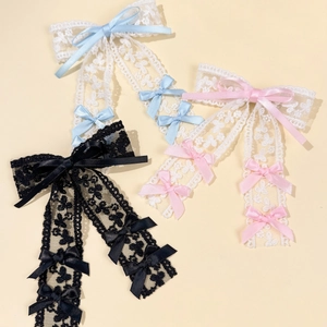 Elegant lace bow hair clips with long ribbons in black, blue and pink pastel colors