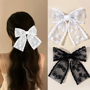 French Elegant Lace Bow Hair Clip Handmade Large Spring Clip For Women Sweet Fashion Hair Accessories Black White
