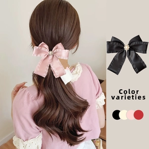 Elegante Fermaglio per Capelli a Fiocco in Satin Con Perla Artificial d'Imitazione e Strass Fermaglio a Becco d'Anatra per Donna