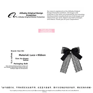 Detailed view of black lace bow hair clip with dimensions and premium ribbon material specs