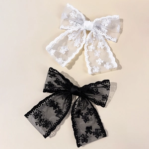 French style lace bow hair clips in black and white with elegant floral embroidery patterns