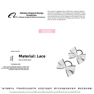 Detailed specs of lace bow hair scrunchies with pearls, weight 10.2g, in bulk packaging