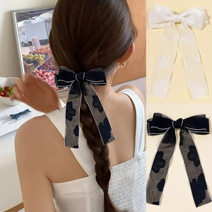 Elegante Fermaglio per Capelli con Fiocco in Rete con Fiori per Donna Dolce Ricamo Floreale Clip a Coccodrillo Nappa Lunga