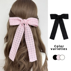 Elegant Ribbon Bow Hair Clip For Women Retro Sweet Long Streamer Duckbill Clip Handmade Fabric Plaid Headwear Hair Jewelry