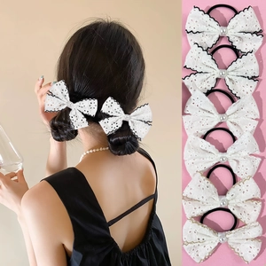 Lace Bow Hair Ties With Artificial Pearl Sweet Floral Embroidery Hair Rope Elastic Ponytail Holder For Women Girls Hair Accessories