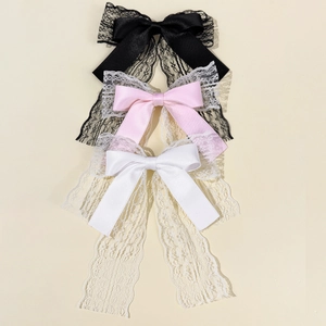 Three-piece set of elegant lace and satin bow hair clips in black, pink, and white colors