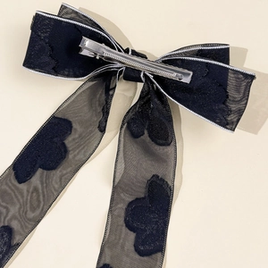 Elegante fermaglio per capelli con fiocco in organza floreale nera e clip in metallo