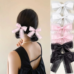 Barrette à Cheveux Nœud Papillon en Satin et Maille Paire pour Femmes Filles Élégante Barrette à Bordure en Maille