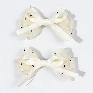 Barrettes à cheveux crème avec mesh à pois noirs et nœud en ruban de satin chic