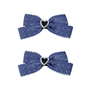 Lot de deux nœuds à cheveux en denim bleu avec pois blancs et strass en forme de cœur