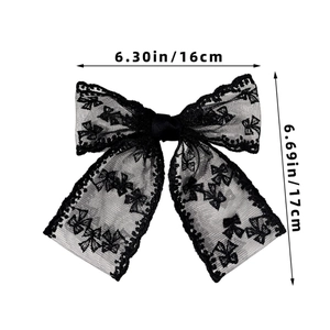 Elegant black lace bow hair clip for women with floral embroidery and size dimensions