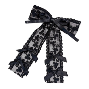 Elegant long black lace bow hair clip with floral embroidery and hanging ribbons