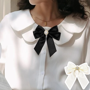 Vintage Satin Bow Brooch For Women Preppy Style Rhinestone Faux Artificial Pearl Bowtie Pin Elegant Shirt Collar Jewelry Accessory