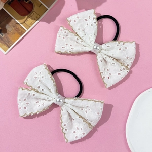 Lace bow hair ties with pearl accent and gold embroidery in sweet aesthetic style