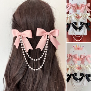 Lieve Satijnen Strik Haarclips Met Kunstparel Kwastje Hanger Elegante Franse Stijl Lint Haarpunten Voor Vrouwen Meisjes Sieraden