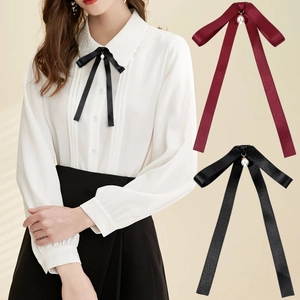 Elegant Women Satin Ribbon Bow Brooch Pin With Faux Artificial Pearl Pendant Academic Style Bowtie For Shirt Blouse Accessory