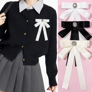 British Preppy Style Satin Bow Tie Brooch For Women Elegant Rhinestone Ribbon Necktie Shirt Accessories For Office Party