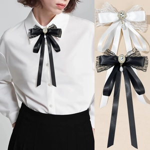 Korean Style Lace Bowknot Brooch With Rhinestone Faux Artificial Pearl Pendant Vintage Satin Ribbon Necktie Jewelry For Women Shirt