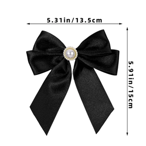 British style black satin bow brooch with pearl and crystal, size 13.5x15cm detail