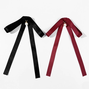 Elegant satin bow tie set with pearl pendants in classic black and burgundy wine colors