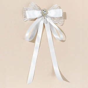 Elegant white satin and lace bow brooch with sparkling rhinestone and pearl pendant