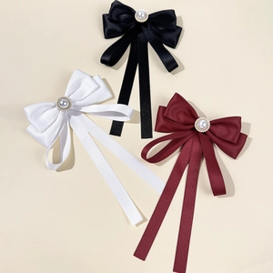 Elegant satin bow tie pins with pearls in black, white, and wine red colors