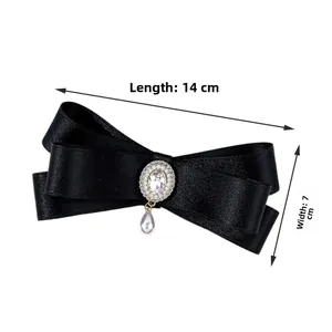 Detail showing dimensions of black satin bow tie with rhinestone and pearl decoration