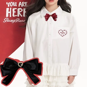 Preppy Satin Bow Brooch With Heart Rhinestone Gem Elegant Ribbon Bow Tie For Women Shirt Accessory Jewelry