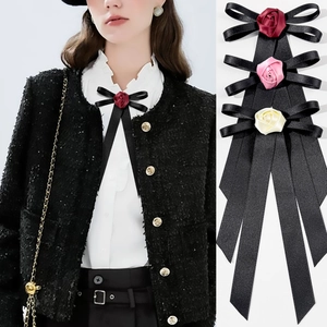 Vintage French Elegant Satin Ribbon Bow Brooch With Fabric Rose Long Tassel Neck Flower For Women Party Dress Accessory