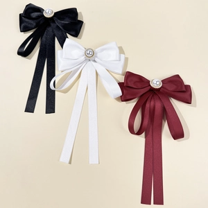 Elegant satin bow tie set with large pearl and rhinestones in black, white, and wine red