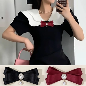 Elegant Women Bow Brooch Pin Satin Ribbon Rhinestone Artificial Pearl Vintage Preppy Style Shirt Collar Accessories For Daily Party Jewelry