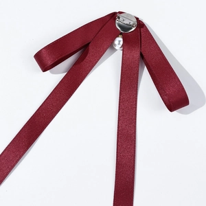 Elegant wine red satin bow brooch with pearl pendant and metal pin for shirts