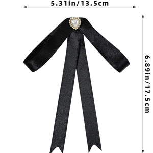 Nœud papillon élégant en satin noir avec perle cœur pour femme, taille 13,5x17,5 cm