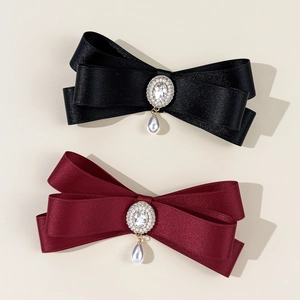 Elegant satin bow clip with rhinestone crystal and pearl pendant for women and girls
