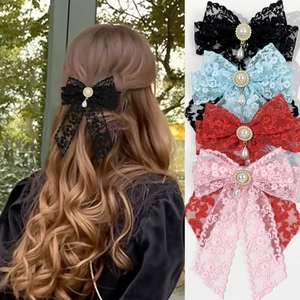 French Elegant Lace Bow Hair Clip With Faux Artificial Pearl Waterdrop Pendant Vintage Style Hair Accessory For Women Party Dating