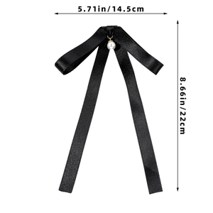 Elegant black ribbon bow with pearl pendant showing 14.5cm width and 22cm height