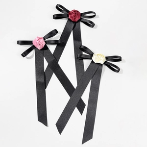 Elegant floral bow brooch with fabric rose and long black ribbons in three color sets