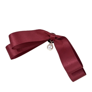 Classic burgundy satin bow tie with pearl pendant for school uniforms and blouses