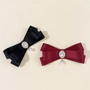 Elegant satin bow tie pins with rhinestones and pearl drops in black and burgundy