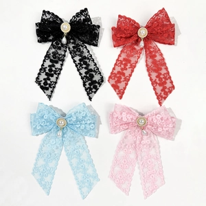 Elegant French lace bow hair clips with pearl pendants in four different colors