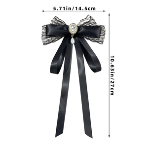 Elegant black lace bow brooch with rhinestone center and faux pearl pendant for women