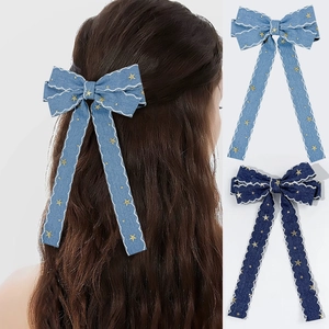 Vintage Denim Star Pattern Bow Hair Clip With Long Streamers Scalloped Edge Sweet Fashion Hair Accessories For Women