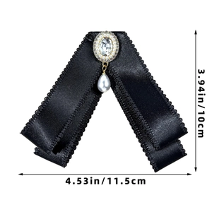 Elegant black satin bow tie brooch with rhinestones and pearl tassel for women shirts