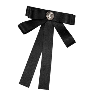 Elegant black satin bow tie brooch with sparkling crystal center for shirt decoration