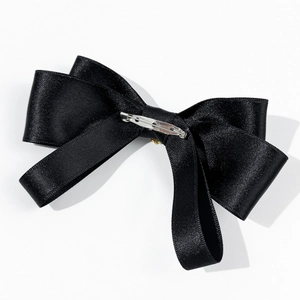Elegant black satin bow tie brooch with silver metal pin for shirt collars