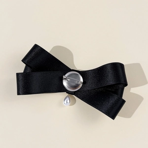 Elegant black satin bow brooch with rhinestone pearl pendant for women fashion accessory
